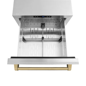 ZLINE Autograph Edition 24 in. Touchstone 168 Can Outdoor-Rated Dual Refrigerator Drawer with Satin Stainless Steel Doors and Champagne Bronze Handles (RDSOZ-SN-24-CB)