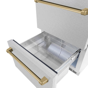 ZLINE Autograph Edition 24 in. Touchstone 168 Can Outdoor-Rated Dual Refrigerator Drawer with Satin Stainless Steel Doors and Champagne Bronze Handles (RDSOZ-SN-24-CB)