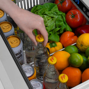 ZLINE Autograph Edition 24 in. Touchstone 168 Can Outdoor-Rated Dual Refrigerator Drawer with Satin Stainless Steel Doors and Champagne Bronze Handles (RDSOZ-SN-24-CB)