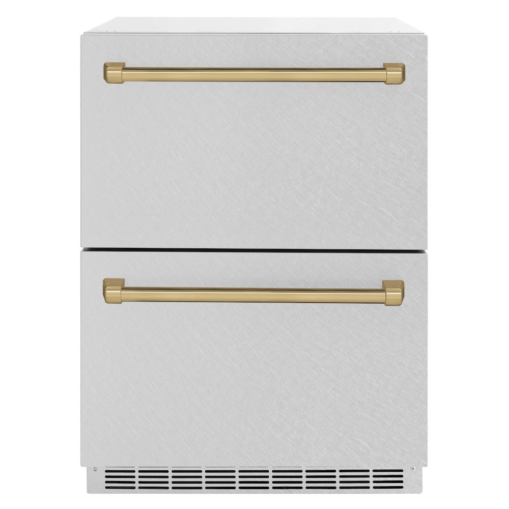 ZLINE Autograph Edition 24 in. Touchstone 168 Can Outdoor-Rated Dual Refrigerator Drawer with Satin Stainless Steel Doors and Champagne Bronze Handles (RDSOZ-SN-24-CB) main image.