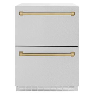 ZLINE Autograph Edition 24 in. Touchstone 168 Can Outdoor-Rated Dual Refrigerator Drawer with Satin Stainless Steel Doors and Champagne Bronze Handles (RDSOZ-SN-24-CB) main image.