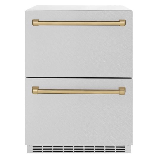 ZLINE Autograph Edition 24 in. Touchstone 168 Can Outdoor-Rated Dual Refrigerator Drawer with Satin Stainless Steel Doors and Champagne Bronze Handles (RDSOZ-SN-24-CB) main image.