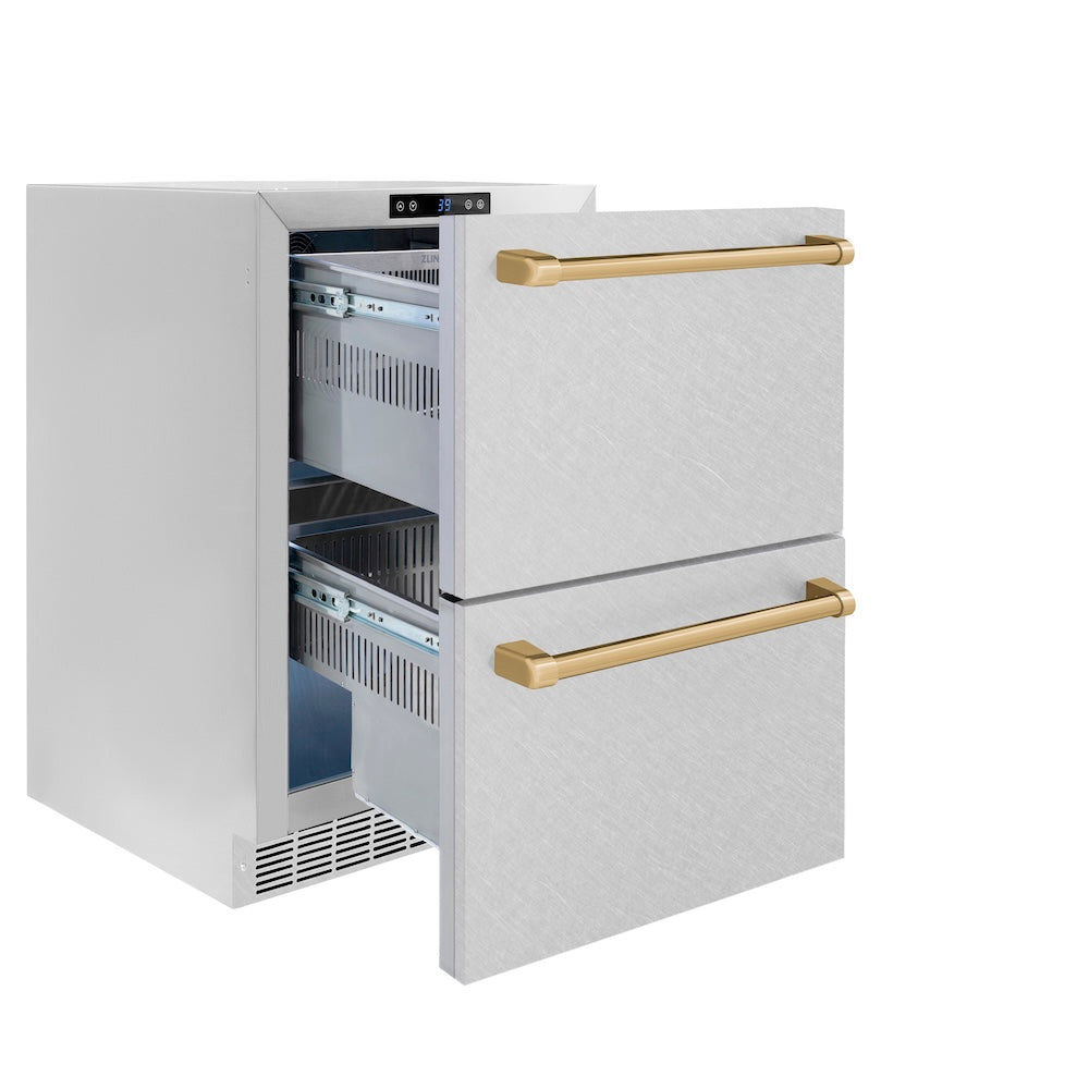 ZLINE Autograph Edition 24 in. Touchstone 168 Can Outdoor-Rated Dual Refrigerator Drawer with Satin Stainless Steel Doors and Champagne Bronze Handles (RDSOZ-SN-24-CB)