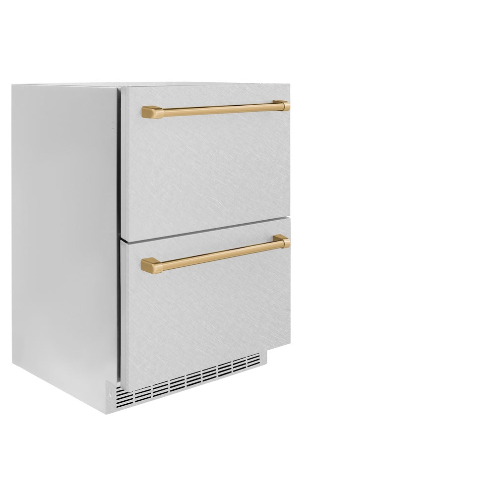 ZLINE Autograph Edition 24 in. Touchstone 168 Can Outdoor-Rated Dual Refrigerator Drawer with Satin Stainless Steel Doors and Champagne Bronze Handles (RDSOZ-SN-24-CB) side, closed.