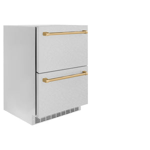 ZLINE Autograph Edition 24 in. Touchstone 168 Can Outdoor-Rated Dual Refrigerator Drawer with Satin Stainless Steel Doors and Champagne Bronze Handles (RDSOZ-SN-24-CB) side, closed.