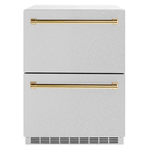 ZLINE Autograph Edition 24 in. Touchstone 168 Can Outdoor-Rated Dual Refrigerator Drawer with Satin Stainless Steel Doors and Polished Gold Handles (RDSOZ-SN-24-G) main image.