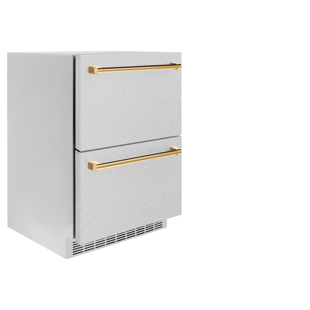 ZLINE Autograph Edition 24 in. Touchstone 168 Can Outdoor-Rated Dual Refrigerator Drawer with Satin Stainless Steel Doors and Polished Gold Handles (RDSOZ-SN-24-G) side, closed.