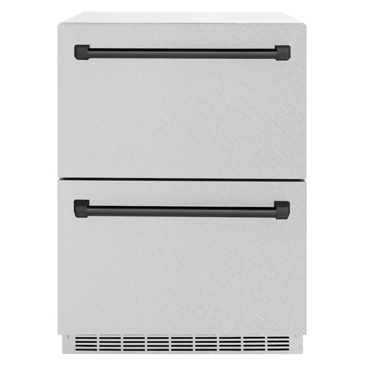 ZLINE Autograph Edition 24 in. Touchstone 168 Can Outdoor-Rated Dual Refrigerator Drawer with Satin Stainless Steel Doors and Matte Black Handles (RDSOZ-SN-24-MB)