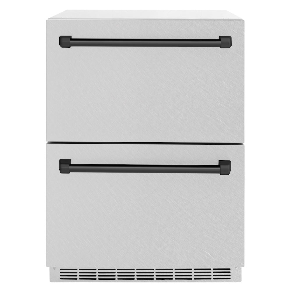 ZLINE Autograph Edition 24 in. Touchstone 168 Can Outdoor-Rated Dual Refrigerator Drawer with Satin Stainless Steel Doors and Matte Black Handles (RDSOZ-SN-24-MB) main image.
