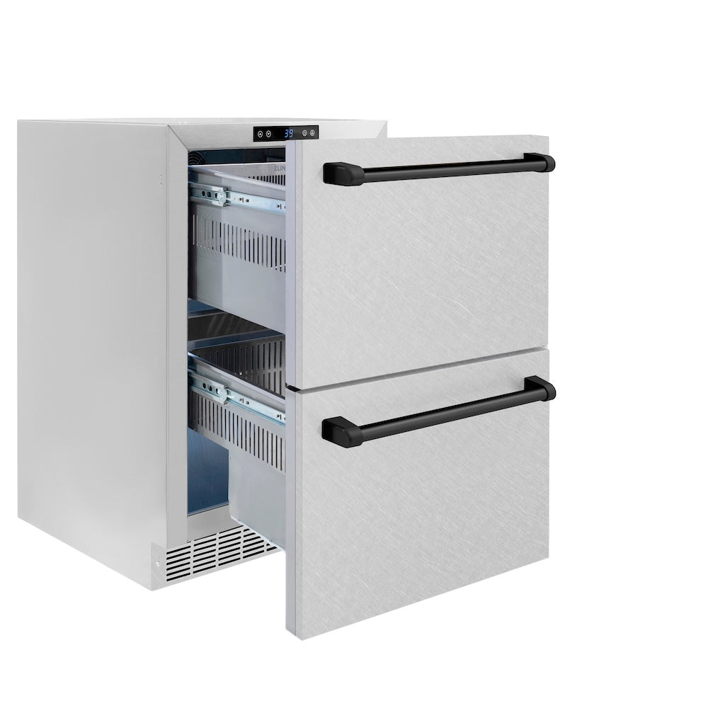 ZLINE Autograph Edition 24 in. Touchstone 168 Can Outdoor-Rated Dual Refrigerator Drawer with Satin Stainless Steel Doors and Matte Black Handles (RDSOZ-SN-24-MB)