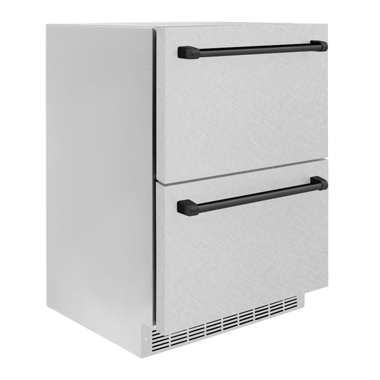 ZLINE Autograph Edition 24 in. Touchstone 168 Can Outdoor-Rated Dual Refrigerator Drawer with Satin Stainless Steel Doors and Matte Black Handles (RDSOZ-SN-24-MB)