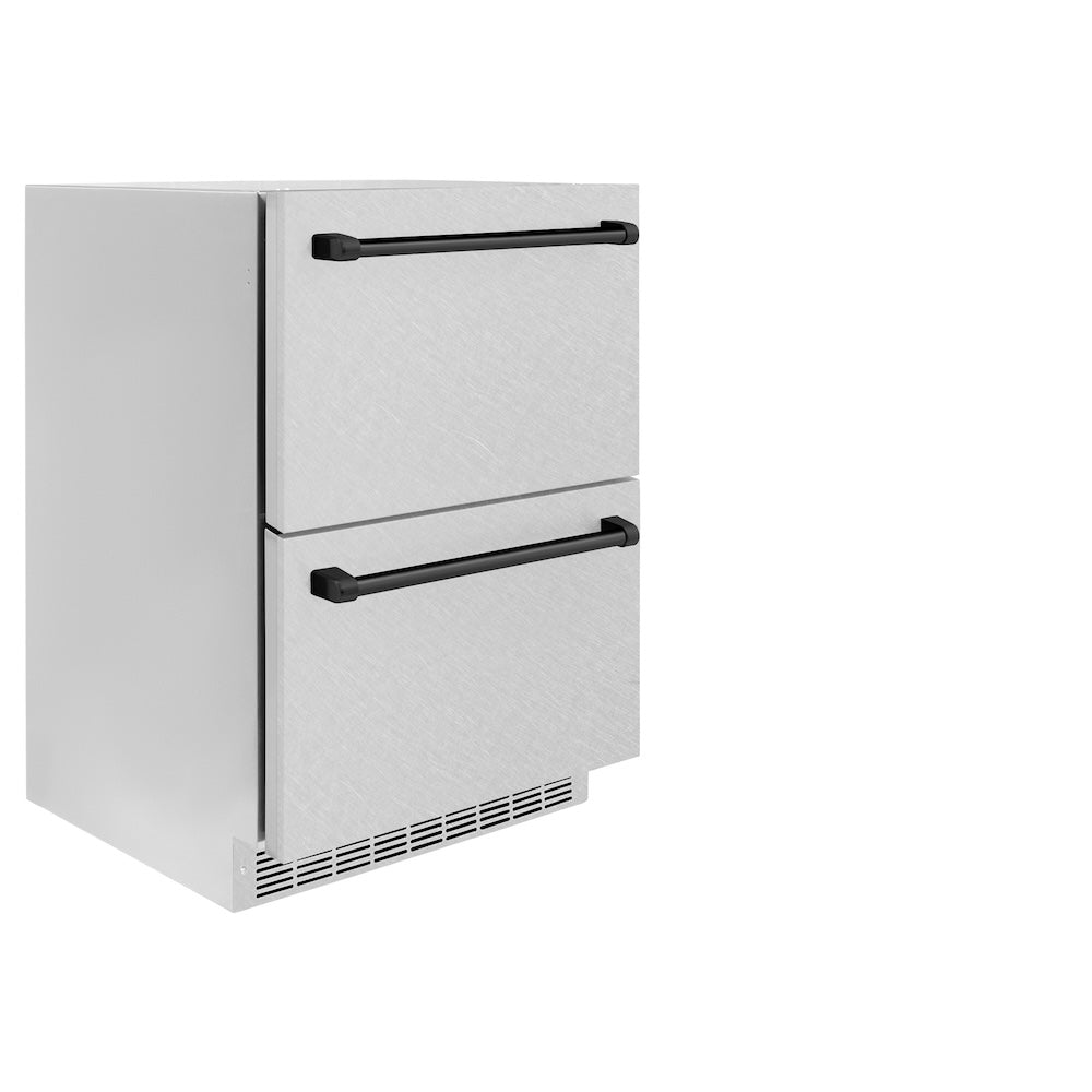 ZLINE Autograph Edition 24 in. Touchstone 168 Can Outdoor-Rated Dual Refrigerator Drawer with Satin Stainless Steel Doors and Matte Black Handles (RDSOZ-SN-24-MB) side, closed.