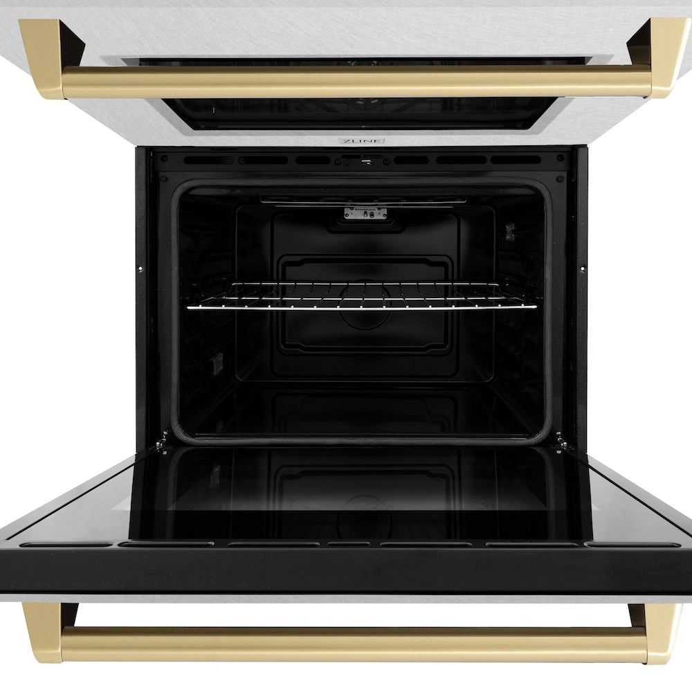 ZLINE 30 in. Autograph Edition Professional True Convection Double Wall Oven with Air Fry and Self Clean in Satin Stainless Steel with Champagne Bronze Handles (WADSZ-30-CB) front, oven open.