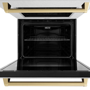 ZLINE 30 in. Autograph Edition Professional True Convection Double Wall Oven with Air Fry and Self Clean in Satin Stainless Steel with Champagne Bronze Handles (WADSZ-30-CB) front, oven open.