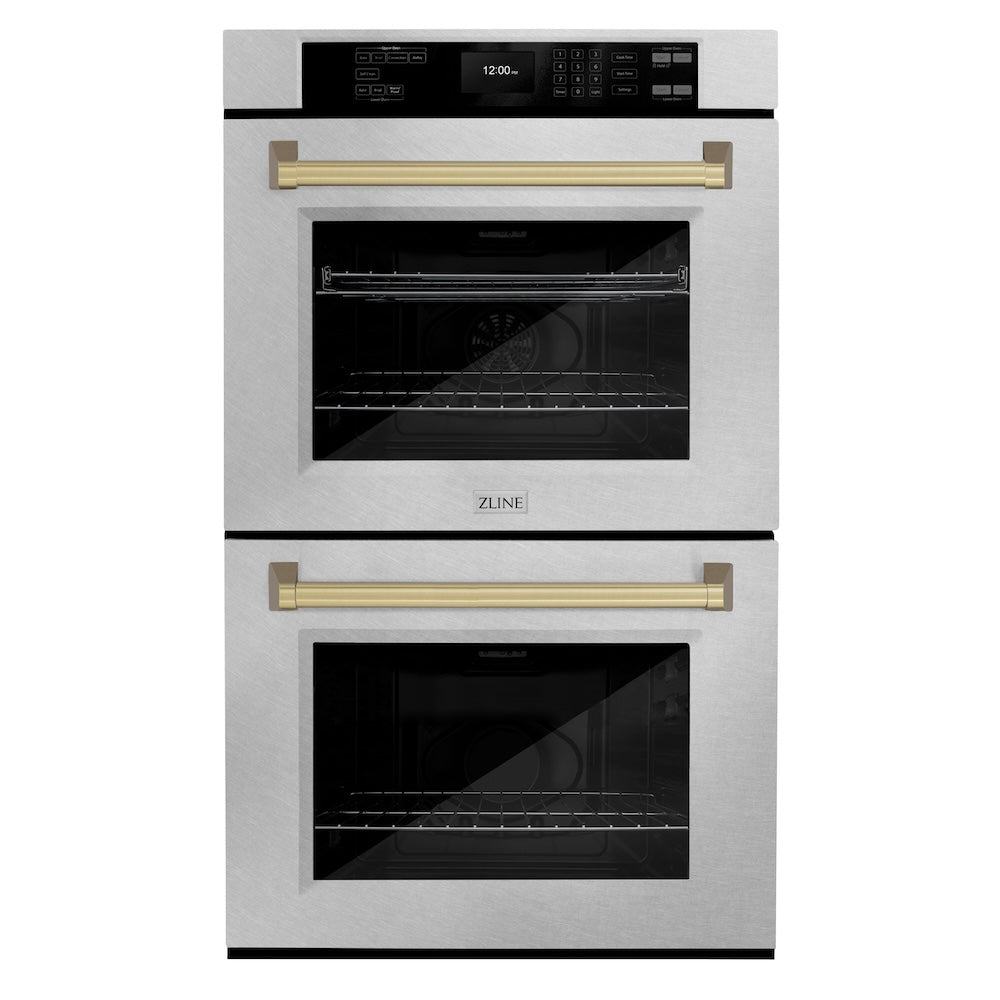 ZLINE 30 in. Autograph Edition Professional True Convection Double Wall Oven with Air Fry and Self Clean in Satin Stainless Steel with Champagne Bronze Handles (WADSZ-30-CB)