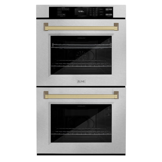 ZLINE 30 in. Autograph Edition Professional True Convection Double Wall Oven with Air Fry and Self Clean in Satin Stainless Steel with Champagne Bronze Handles (WADSZ-30-CB)