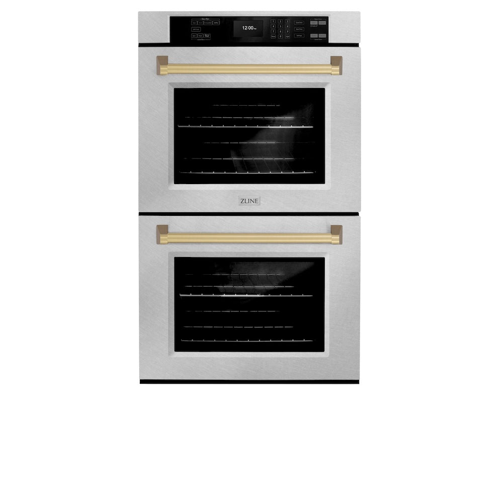 ZLINE Autograph Edition 30 in. Professional True Convection Double Wall Oven with Air Fry and Self Clean in Satin Stainless Steel with Champagne Bronze Handles (WADSZ-30-CB)