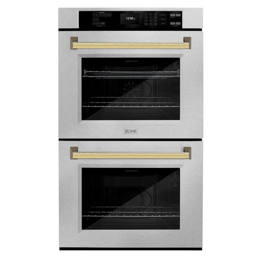 ZLINE 30 in. Autograph Edition Professional True Convection Double Wall Oven with Air Fry and Self Clean in Satin Stainless Steel with Polished Gold Handles (WADSZ-30-G)
