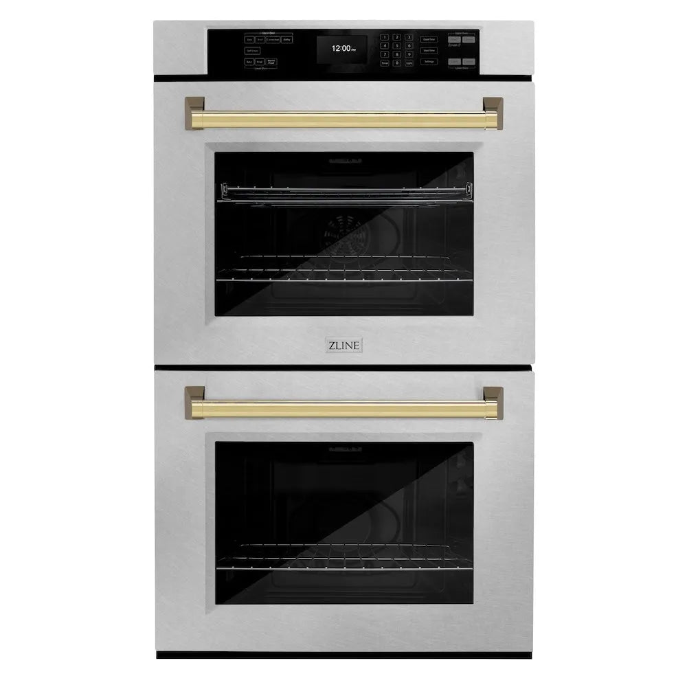 ZLINE Autograph Edition 30 in. Professional True Convection Double Wall Oven with Air Fry and Self Clean in Satin Stainless Steel with Polished Gold Handles (WADSZ-30-G) main image.
