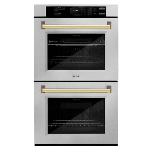 ZLINE Autograph Edition 30 in. Professional True Convection Double Wall Oven with Air Fry and Self Clean in Satin Stainless Steel with Polished Gold Handles (WADSZ-30-G) main image.