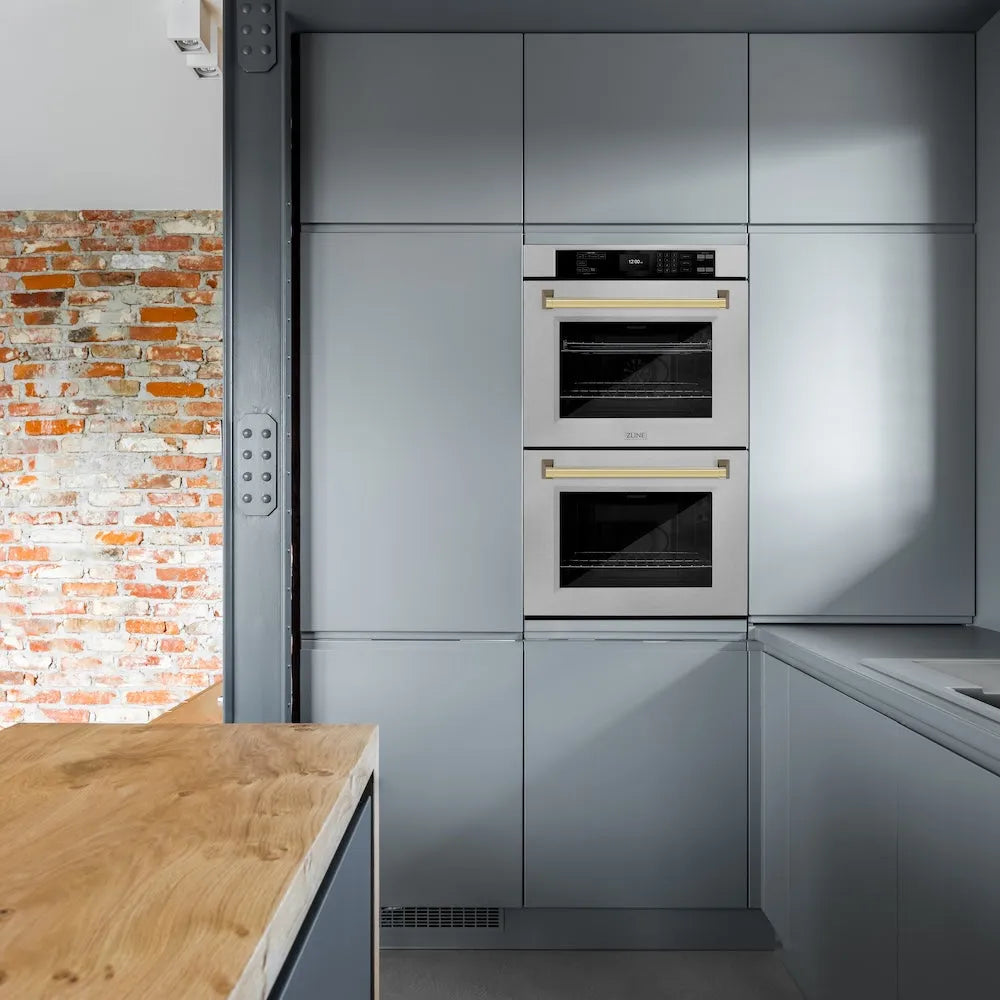 ZLINE 30 in. Autograph Edition Professional True Convection Double Wall Oven with Air Fry and Self Clean in Satin Stainless Steel with Polished Gold Handles (WADSZ-30-G) in a luxury kitchen.