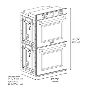 ZLINE Autograph Edition 30 in. Professional True Convection Double Wall Oven with Air Fry and Self Clean in Satin Stainless Steel with Champagne Bronze Helix Handles (WADSZ-30-KCB) dimensional diagram.