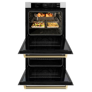 ZLINE Autograph Edition 30 in. Professional True Convection Double Wall Oven with Air Fry and Self Clean in Satin Stainless Steel with Champagne Bronze Helix Handles (WADSZ-30-KCB) front, open.