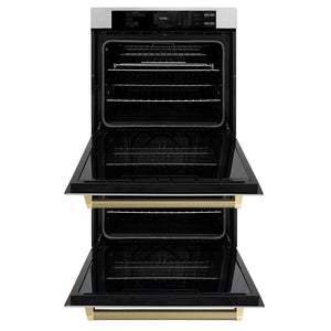 ZLINE Autograph Edition 30 in. Professional True Convection Double Wall Oven with Air Fry and Self Clean in Satin Stainless Steel with Champagne Bronze Helix Handles (WADSZ-30-KCB) front, open.