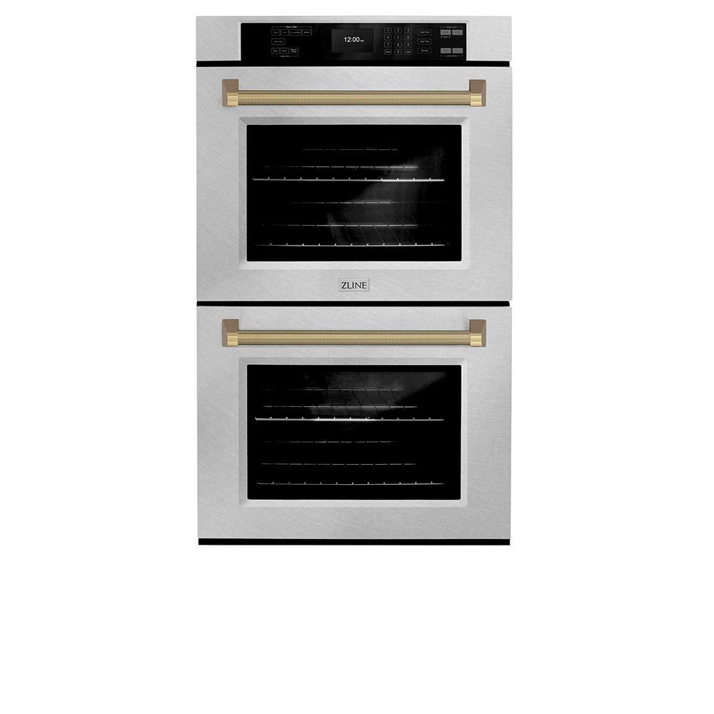 ZLINE Autograph Edition 30 in. Professional True Convection Double Wall Oven with Air Fry and Self Clean in Satin Stainless Steel with Champagne Bronze Helix Handles (WADSZ-30-KCB) front.