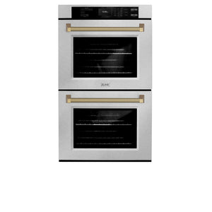 ZLINE Autograph Edition 30 in. Professional True Convection Double Wall Oven with Air Fry and Self Clean in Satin Stainless Steel with Champagne Bronze Helix Handles (WADSZ-30-KCB) front.