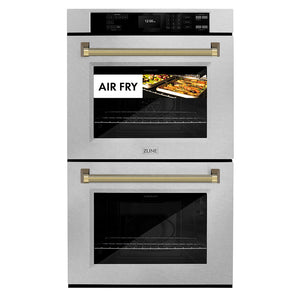 ZLINE Autograph Edition 30 in. Professional True Convection Double Wall Oven with Air Fry and Self Clean in Satin Stainless Steel with Polished Gold Helix Handles (WADSZ-30-KG) front, showing air fry capability.