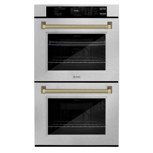 ZLINE Autograph Edition 30 in. Professional True Convection Double Wall Oven with Air Fry and Self Clean in Satin Stainless Steel with Polished Gold Helix Handles (WADSZ-30-KG)