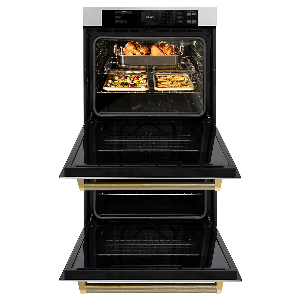 ZLINE Autograph Edition 30 in. Professional True Convection Double Wall Oven with Air Fry and Self Clean in Satin Stainless Steel with Polished Gold Helix Handles (WADSZ-30-KG) front, open.