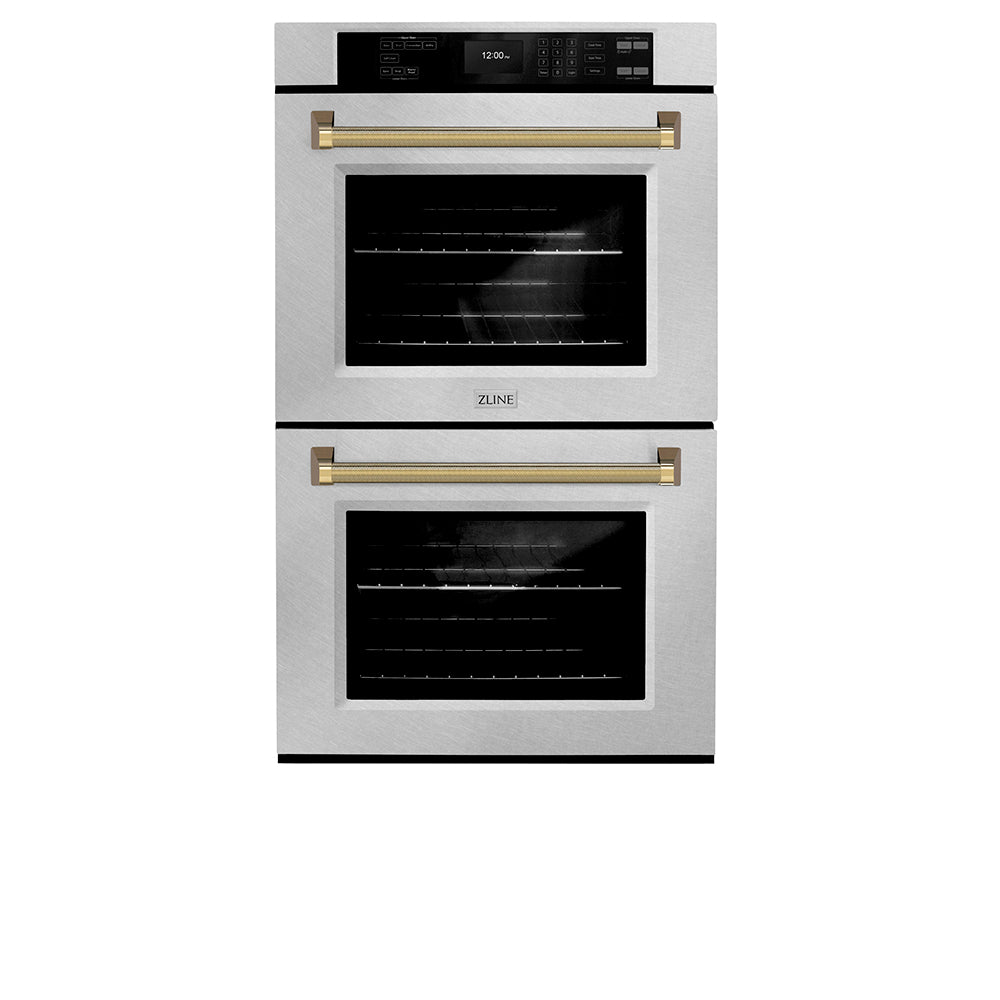 ZLINE Autograph Edition 30 in. Professional True Convection Double Wall Oven with Air Fry and Self Clean in Satin Stainless Steel with Polished Gold Helix Handles (WADSZ-30-KG) front.