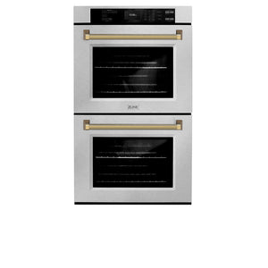 ZLINE Autograph Edition 30 in. Professional True Convection Double Wall Oven with Air Fry and Self Clean in Satin Stainless Steel with Polished Gold Helix Handles (WADSZ-30-KG) front.