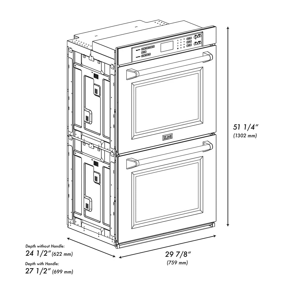 ZLINE Autograph Edition 30 in. Professional True Convection Double Wall Oven with Air Fry and Self Clean in Satin Stainless Steel with Polished Nickel Helix Handles (WADSZ-30-KPN) dimensional diagram.