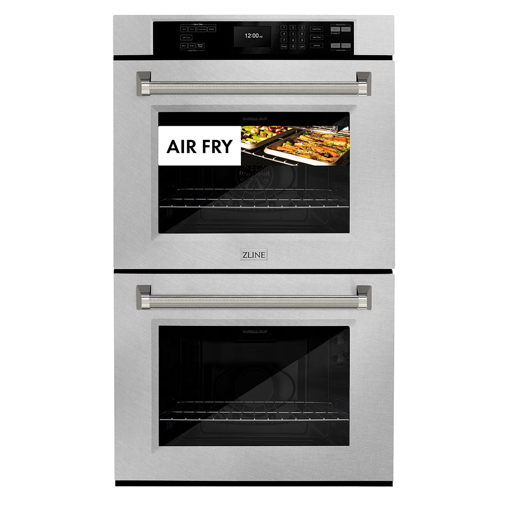 ZLINE Autograph Edition 30 in. Professional True Convection Double Wall Oven with Air Fry and Self Clean in Satin Stainless Steel with Polished Nickel Helix Handles (WADSZ-30-KPN) front, showing air fry capability.
