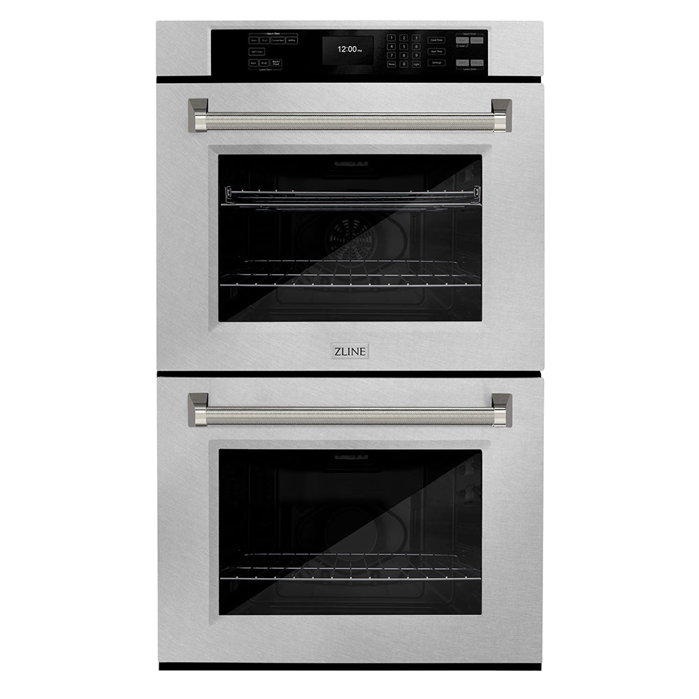 ZLINE Autograph Edition 30 in. Professional True Convection Double Wall Oven with Air Fry and Self Clean in Satin Stainless Steel with Polished Nickel Helix Handles (WADSZ-30-KPN)