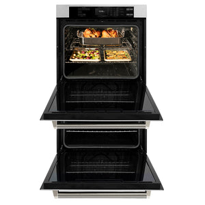ZLINE Autograph Edition 30 in. Professional True Convection Double Wall Oven with Air Fry and Self Clean in Satin Stainless Steel with Polished Nickel Helix Handles (WADSZ-30-KPN) front, open.