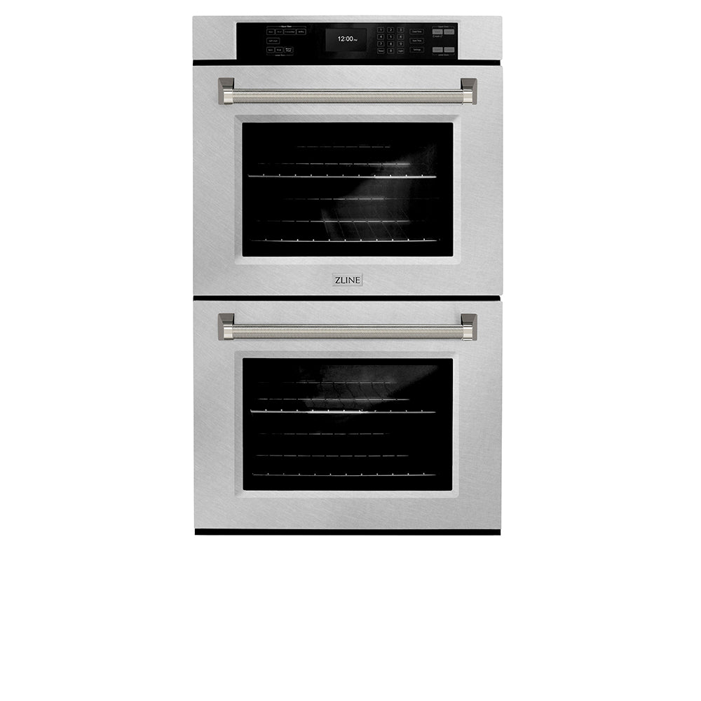 ZLINE Autograph Edition 30 in. Professional True Convection Double Wall Oven with Air Fry and Self Clean in Satin Stainless Steel with Polished Nickel Helix Handles (WADSZ-30-KPN) front.