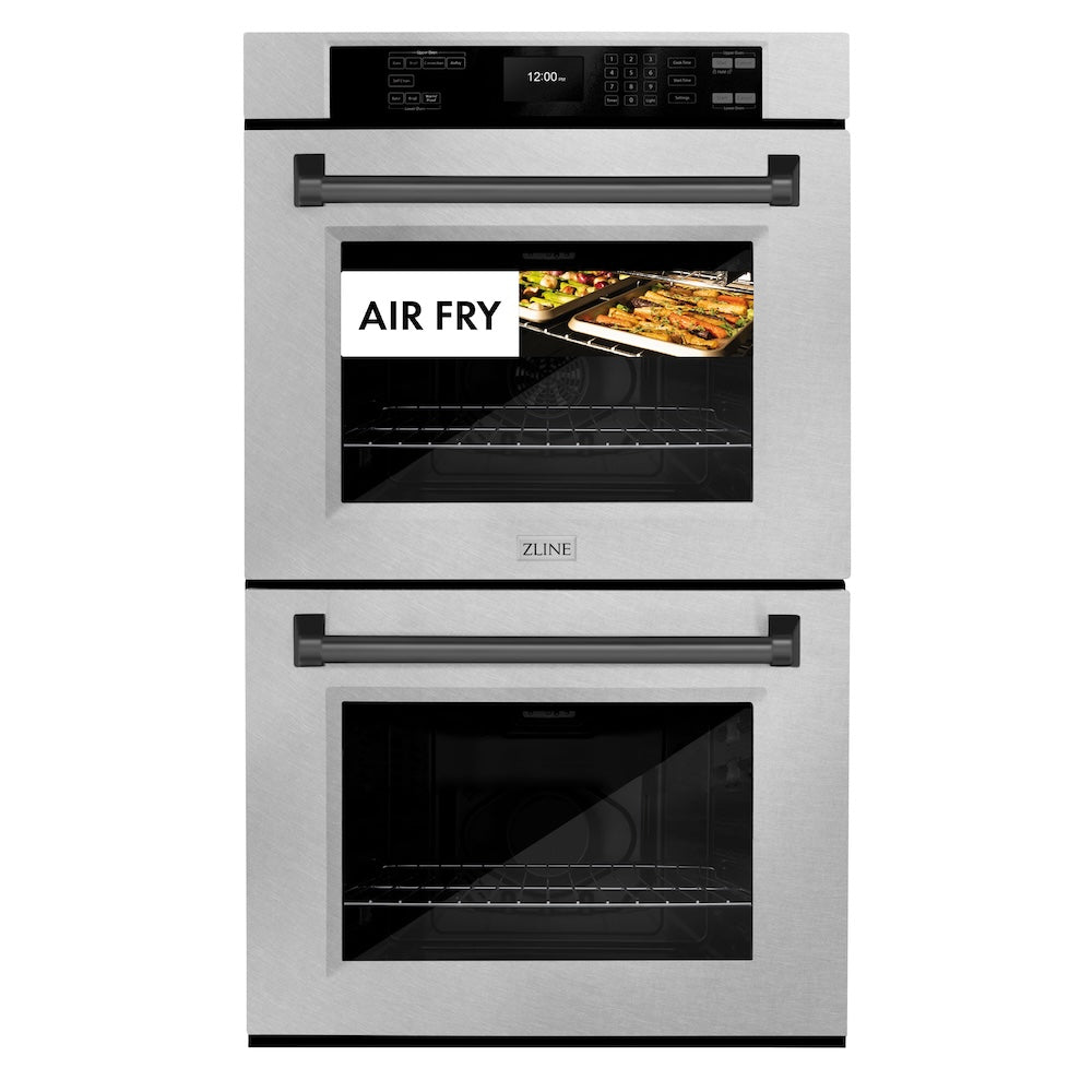 ZLINE 30 in. Autograph Edition Professional True Convection Double Wall Oven with Air Fry and Self Clean in Satin Stainless Steel with Matte Black Handles (WADSZ-30-MB) front, with air fry food.