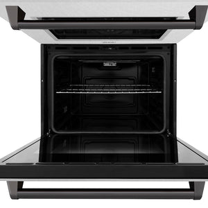 ZLINE 30 in. Autograph Edition Professional True Convection Double Wall Oven with Air Fry and Self Clean in Satin Stainless Steel with Matte Black Handles (WADSZ-30-MB) front, oven open.