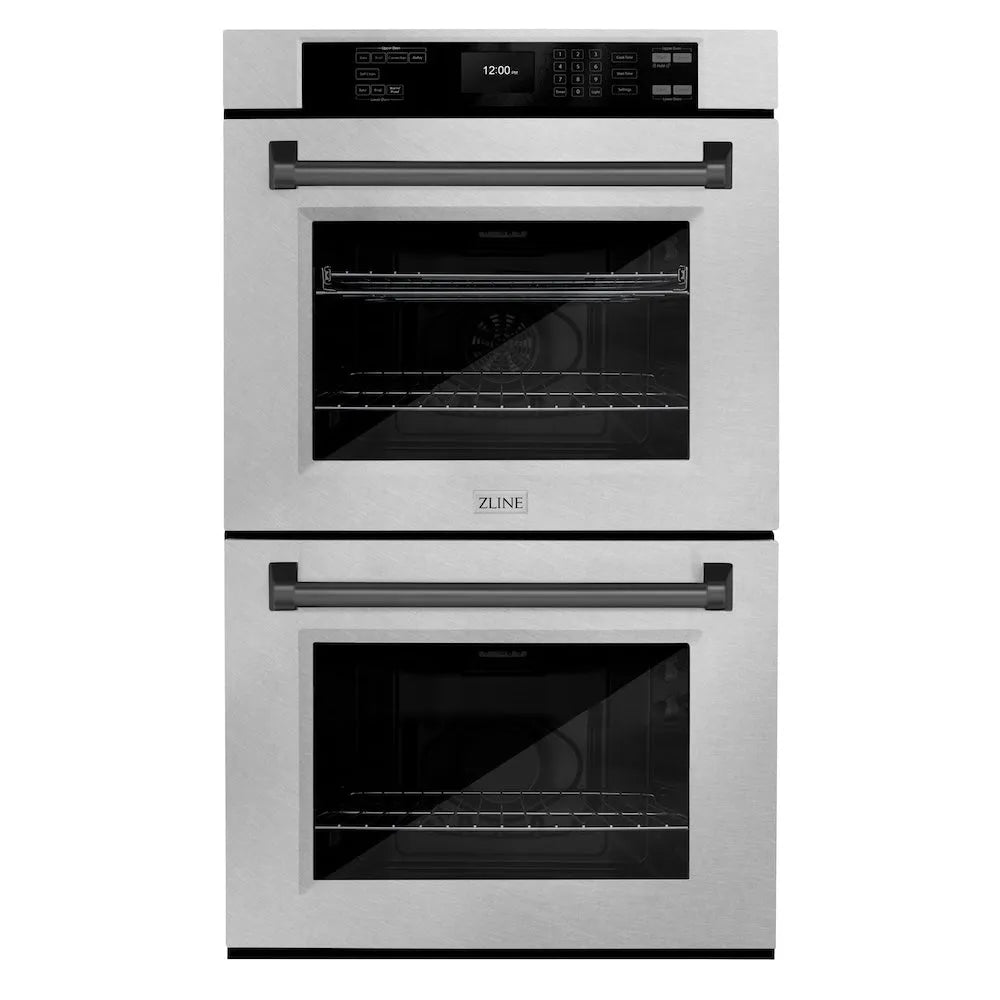 ZLINE Autograph Edition 30 in. Professional True Convection Double Wall Oven with Air Fry and Self Clean in Satin Stainless Steel with Matte Black Handles (WADSZ-30-MB) main image.