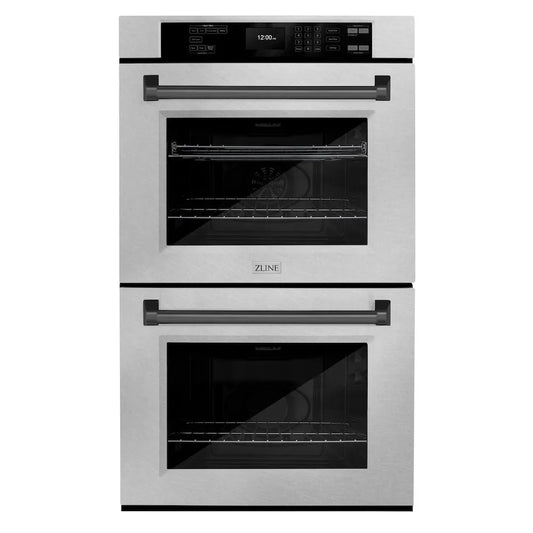 ZLINE Autograph Edition 30 in. Professional True Convection Double Wall Oven with Air Fry and Self Clean in Satin Stainless Steel with Matte Black Handles (WADSZ-30-MB) main image.
