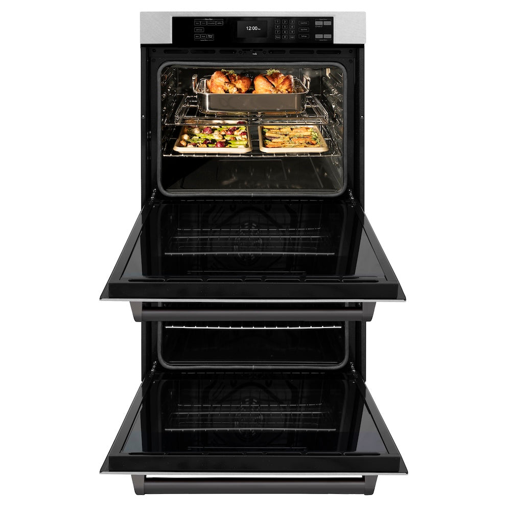 ZLINE 30 in. Autograph Edition Professional True Convection Double Wall Oven with Air Fry and Self Clean in Satin Stainless Steel with Matte Black Handles (WADSZ-30-MB) front, open.