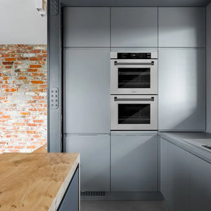 ZLINE 30 in. Autograph Edition Professional True Convection Double Wall Oven with Air Fry and Self Clean in Satin Stainless Steel with Matte Black Handles (WADSZ-30-MB) in a luxury kitchen.