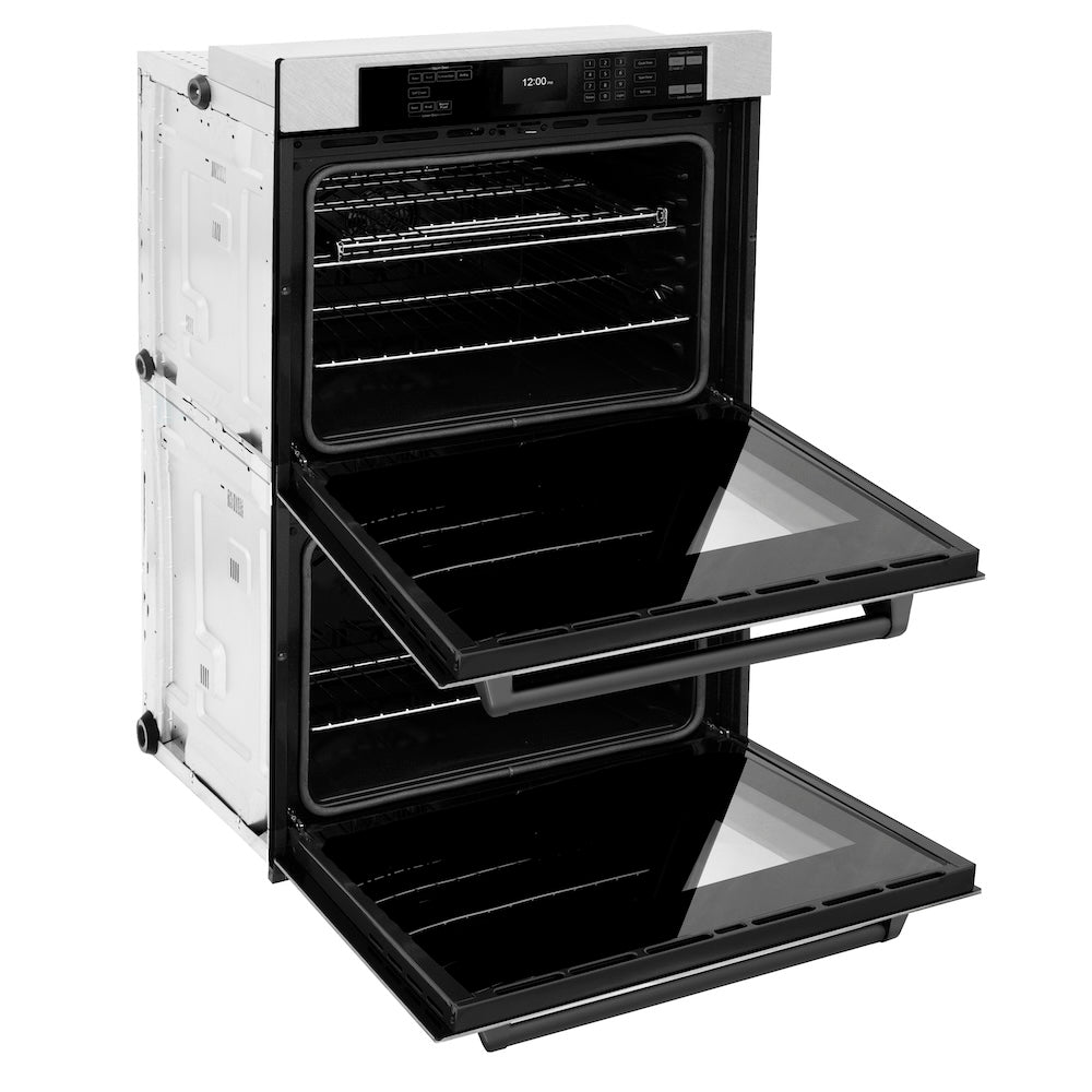 ZLINE 30 in. Autograph Edition Professional True Convection Double Wall Oven with Air Fry and Self Clean in Satin Stainless Steel with Matte Black Handles (WADSZ-30-MB) side, open.
