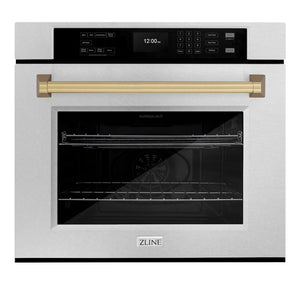 ZLINE 30 in. Autograph Edition Professional True Convection Single Wall Oven with Air Fry and Self Clean in Satin Stainless Steel with Champagne Bronze Handle (WASSZ-30-CB) front.