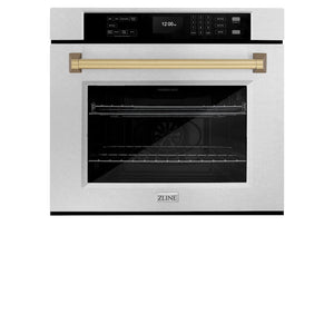 ZLINE 30 in. Autograph Edition Professional True Convection Single Wall Oven with Air Fry and Self Clean in Satin Stainless Steel with Champagne Bronze Handle (WASSZ-30-CB) front, closed.