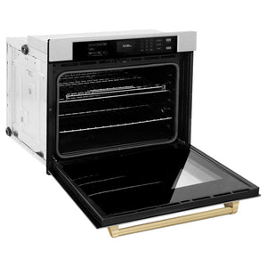 ZLINE 30 in. Autograph Edition Professional True Convection Single Wall Oven with Air Fry and Self Clean in Satin Stainless Steel with Champagne Bronze Handle (WASSZ-30-CB) side, open.